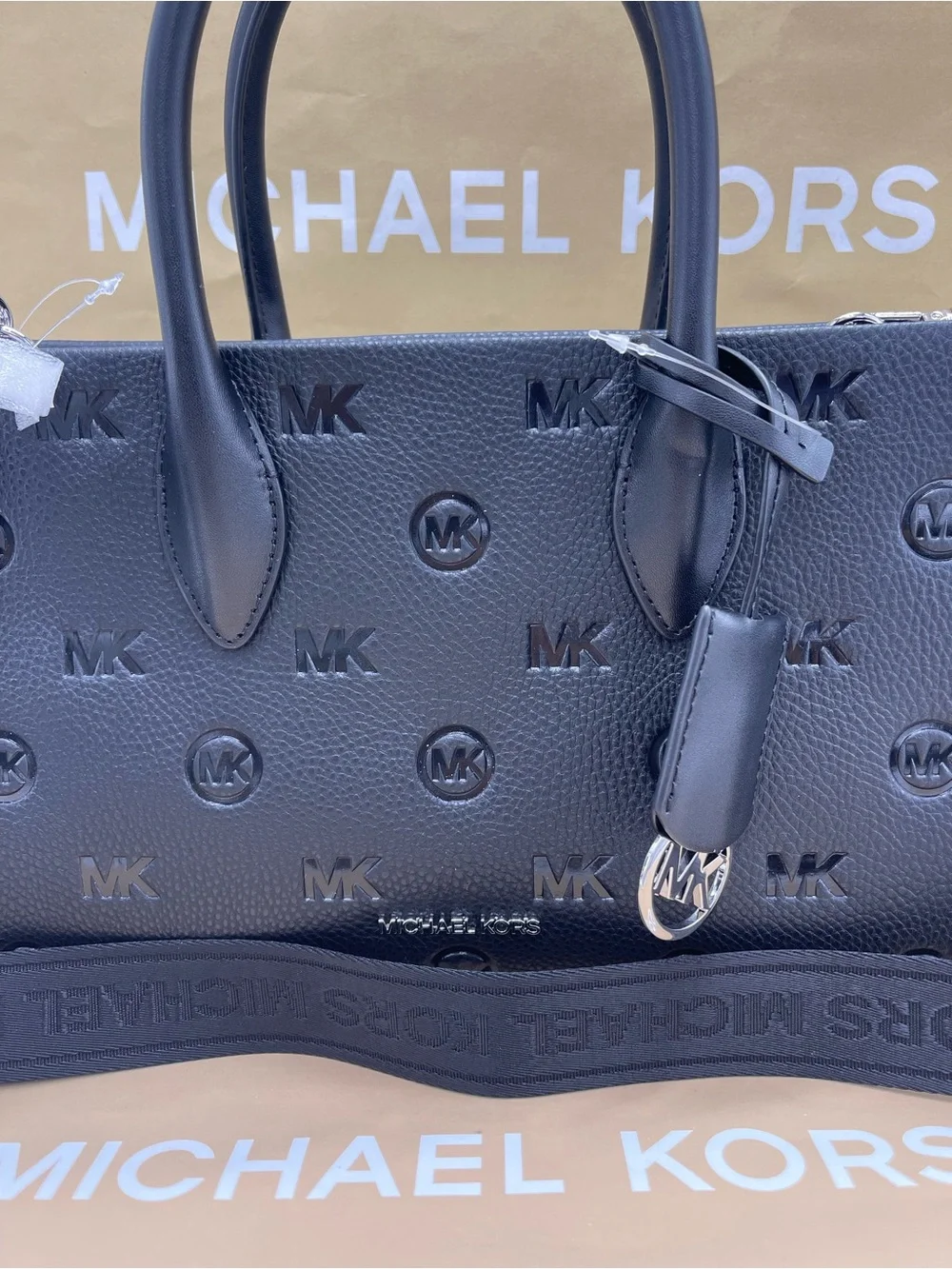 MICHAEL KORS Mirella Md Logo Debossed Satchel Shoulder Tote Crossbody Black NWT